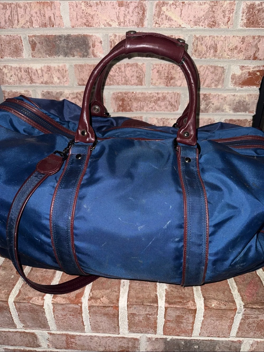YSL Leather-Trim Navy Duffel Bag with Burgundy Accents